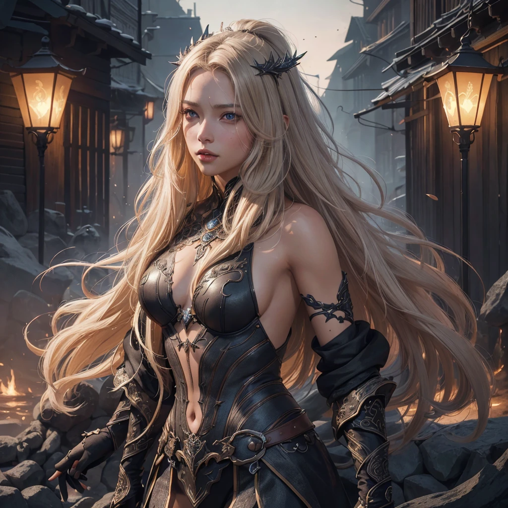 night queen, beautiful woman, grey eyes, long blond hair, tan skin, full body portrait, a masterpiece, 8k resolution, dark fantasy concept art, dynamic lighting, hyperdetailed, intricately detailed, Splash screen art, trending on Artstation, deep color, Unreal Engine