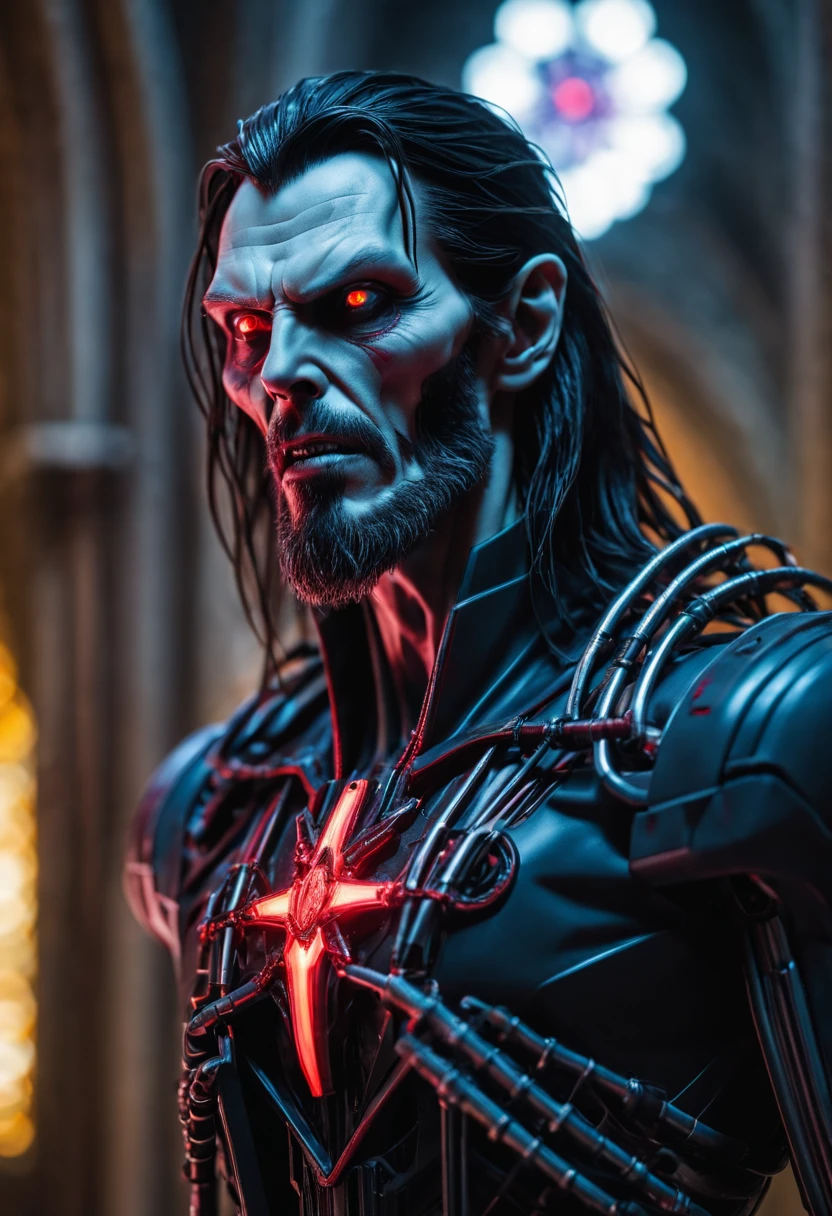 Portrait, Morbius from Marvel, biomechanical, complex robot, full growth, hyper-realistic, insane small details, extremely sharp lines, cyberpunk aesthetic, masterpiece featured on Zbrush Central, gothic brutalist cathedral, cyberpunk, award-winning photo, bokeh, neon lights, cybernetic limb