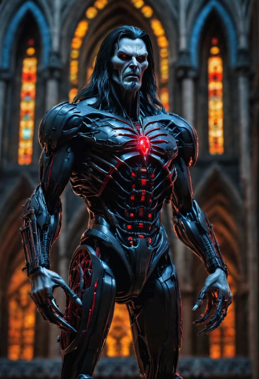 Portrait, Morbius from Marvel, biomechanical, complex robot, full growth, hyper-realistic, insane small details, extremely sharp lines, cyberpunk aesthetic, masterpiece featured on Zbrush Central, gothic brutalist cathedral, cyberpunk, award-winning photo, bokeh, neon lights, cybernetic limb