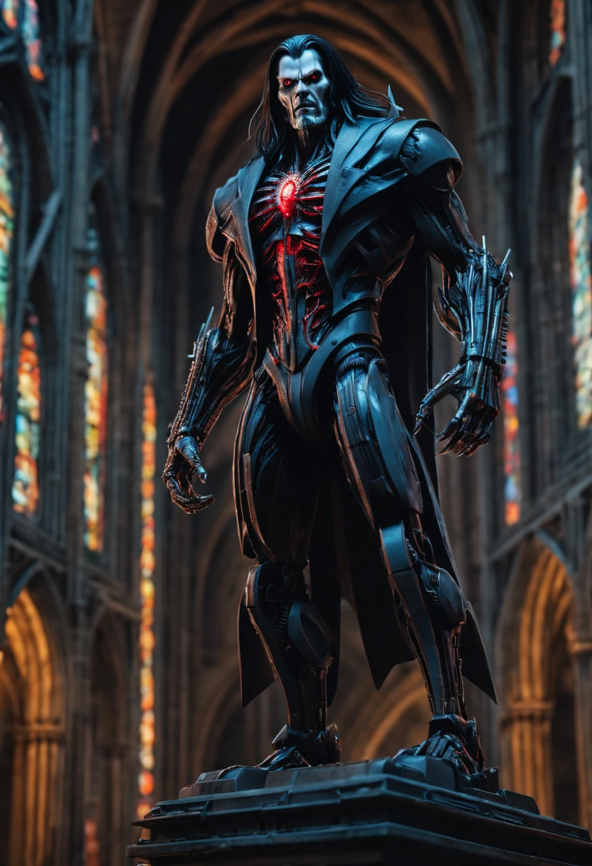 Portrait, Morbius from Marvel, biomechanical, complex robot, full growth, hyper-realistic, insane small details, extremely sharp lines, cyberpunk aesthetic, masterpiece featured on Zbrush Central, gothic brutalist cathedral, cyberpunk, award-winning photo, bokeh, neon lights, cybernetic limb