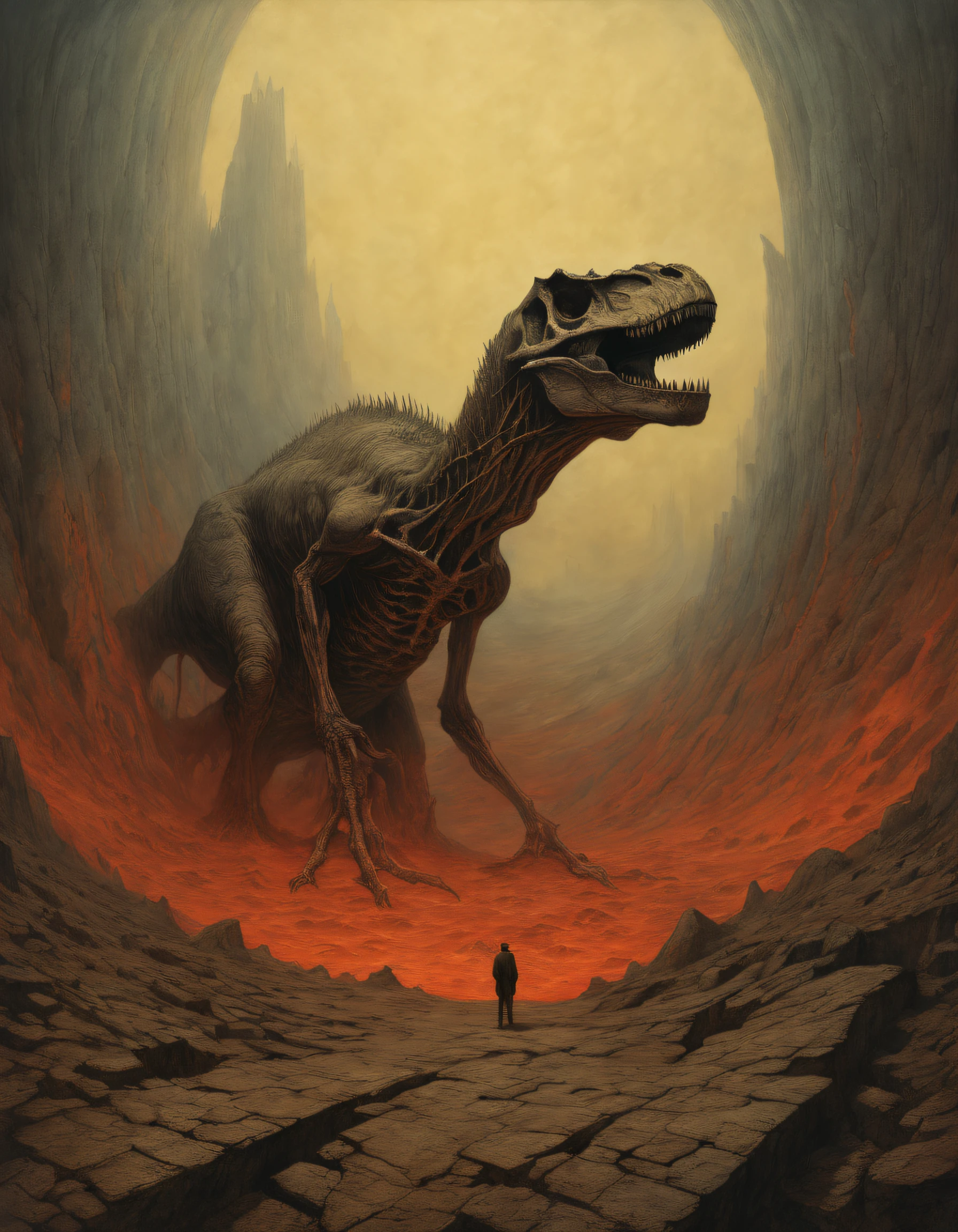criaturas esqueleto, monolith, obsidian rectangle, Por Zdzislaw Beksinski e Van Gogh, Album cover art, Roma, surrealismo, Futuristic ,Satan, T-Rex, coral, mago, abstrair, Escuro, vermelho, Inferno, Landscape, Papel Pavermelhoe, olho, "The art of The Last Judgment inspired by the dramatic style of British artist John Martin." muitas pessoas