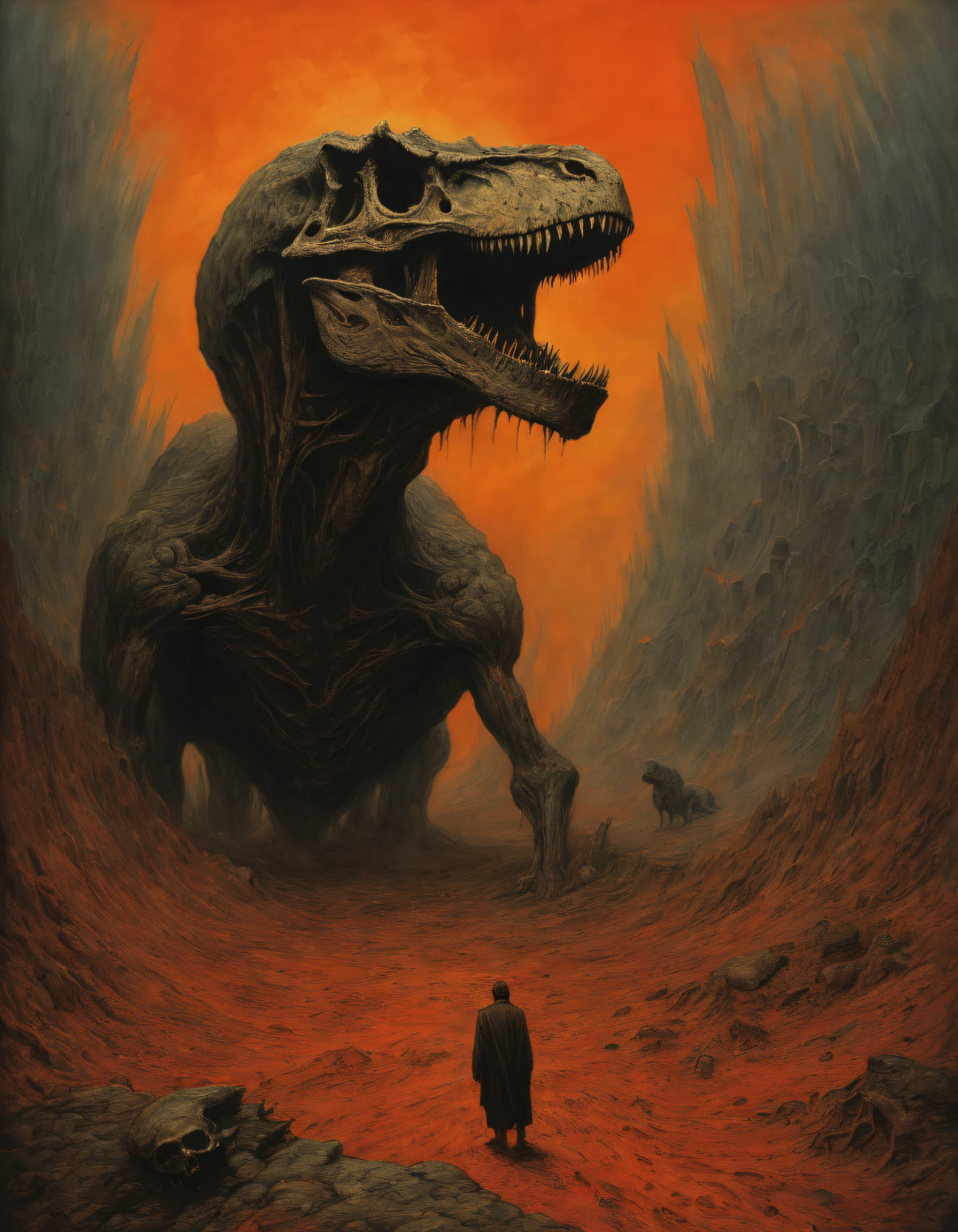 criaturas esqueleto, monolith, obsidian rectangle, Por Zdzislaw Beksinski e Van Gogh, Album cover art, Roma, surrealismo, Futuristic ,Satan, T-Rex, coral, mago, abstrair, Escuro, vermelho, Inferno, Landscape, Papel Pavermelhoe, olho, "The art of The Last Judgment inspired by the dramatic style of British artist John Martin." muitas pessoas