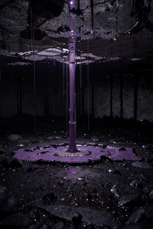 3D Dark purple dense jungle dense forest, dark purple-black clay on the ground, iodine, dark rocks, rain, night, depth, puddles of water, gooey alien tree, gooey alien plants, jagged floor, strange alien leaves, uneven terrain, hexagon black stone, hexagon structure, dark night, dark purple vapour, night sky