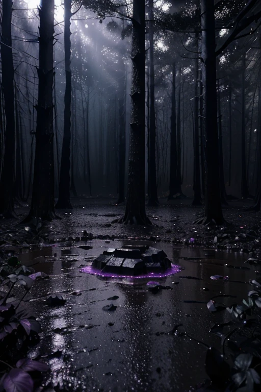 3D Dark purple dense jungle dense forest, dark purple-black clay on the ground, iodine, dark rocks, rain, night, depth, puddles of water, gooey alien tree, gooey alien plants, jagged floor, strange alien leaves, uneven terrain, hexagon black stone, hexagon structure, dark night, dark purple vapour, night sky