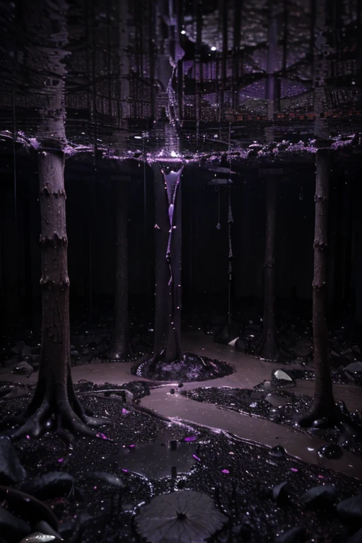 3D Dark purple dense jungle dense forest, dark purple-black clay on the ground, iodine, dark rocks, rain, night, depth, puddles of water, gooey alien tree, gooey alien plants, jagged floor, strange alien leaves, uneven terrain, hexagon black stone, hexagon structure, dark night, dark purple vapour, night sky