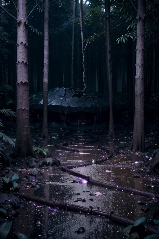 3D Dark purple dense jungle dense forest, dark purple-black clay on the ground, iodine, dark rocks, rain, night, depth, puddles of water, gooey alien tree, gooey alien plants, jagged floor, strange alien leaves, uneven terrain, hexagon black stone, hexagon structure, dark night, dark purple vapour, night sky
