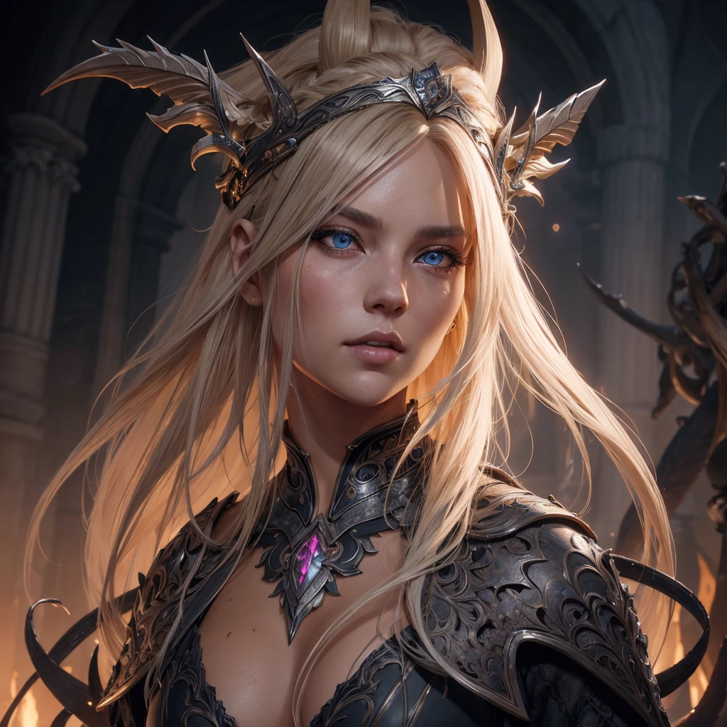 night queen, beautiful woman, grey eyes, long blond hair, tan skin, full body portrait, a masterpiece, 8k resolution, dark fantasy concept art, dynamic lighting, hyperdetailed, intricately detailed, Splash screen art, trending on Artstation, deep color, Unreal Engine