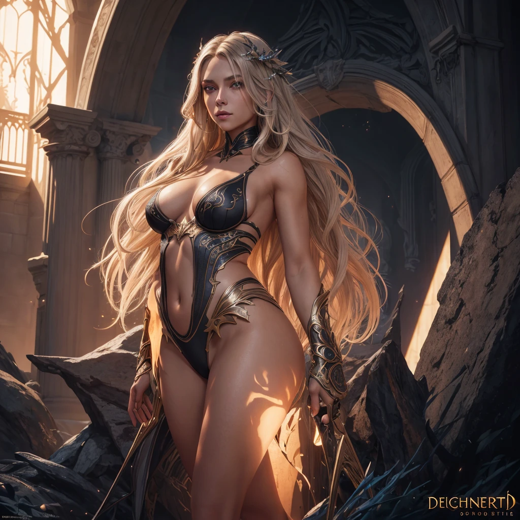 night queen, beautiful woman, grey eyes, long blond hair, tan skin, full body portrait, a masterpiece, 8k resolution, dark fantasy concept art, dynamic lighting, hyperdetailed, intricately detailed, Splash screen art, trending on Artstation, deep color, Unreal Engine