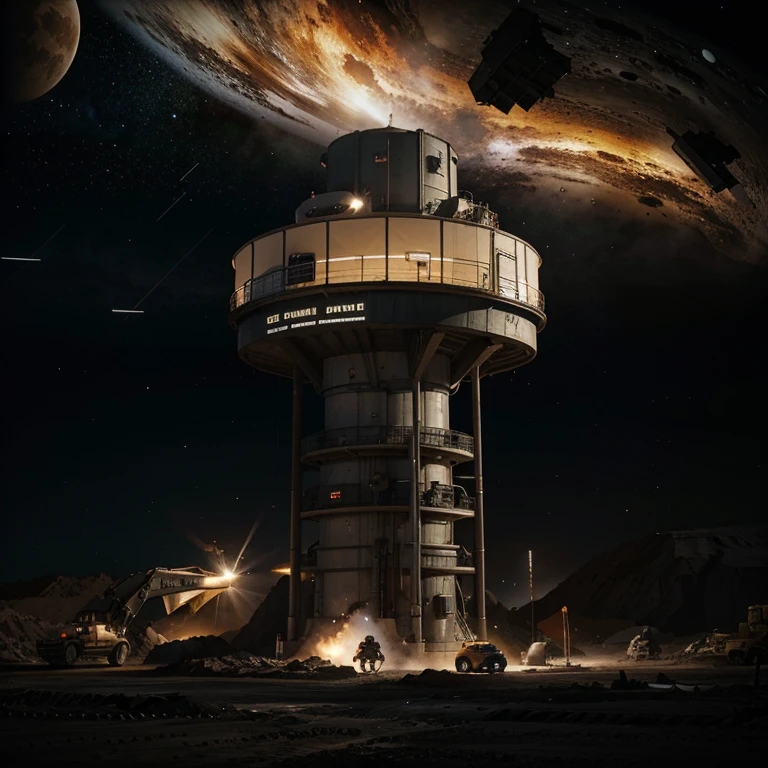 Create a large mining base in space
, with vehicles outside and an excavator near the base