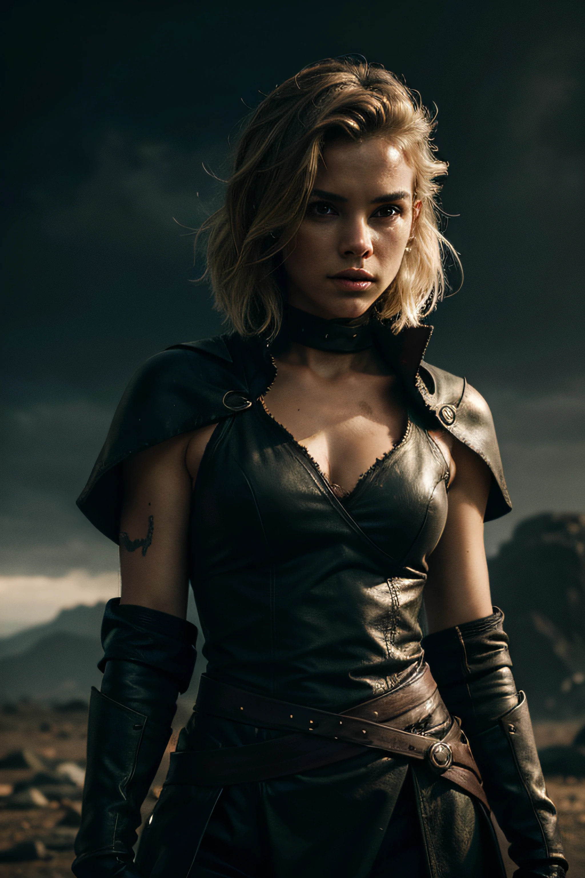 ASCII Female Jedi, dark background, ruins, outdoors, deep-cut sexy clothes, cloudy, night time, dark clouds, midnight, rugged ground, fire, stones, boulders, shoulder armour, gauntlets, leather armour, armoured, cloaked, knee high boots, supermodel, windswept hair, windswept clothing, blonde short hair, gloved, light and shadow, detailed, battle pose, action pose, fierce, 4k, film grain, detailed face, battle ready, battle aftermath, intricate hair, detailed skin, ripped clothing, battered armour, mud, intense, warrior, exposed chest, intimate, close up, close up portrait, intimate portrait, top half portrait, portrait photo, portrait photography, darkness, portrait, slim, cloak, misty, fog, moody, torn clothing, cleavage,
