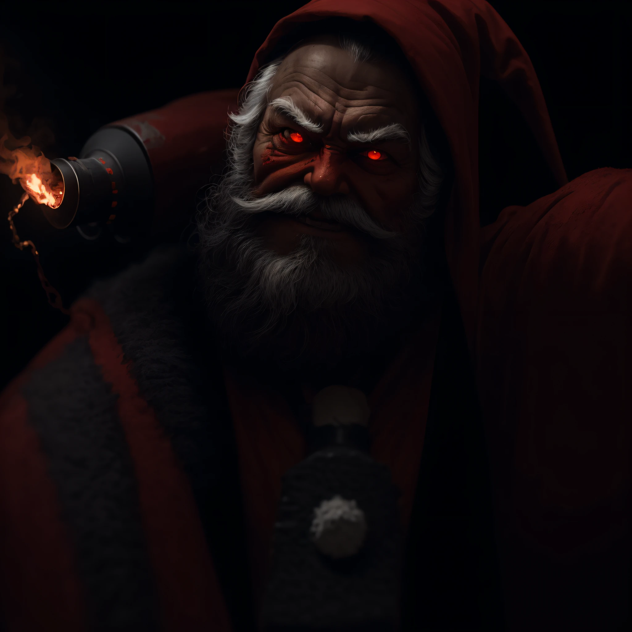 (evil Santa Claus, firearms, homemade flamethrower, portraits, dark color tones, dramatic lighting, best quality, ultra-detailed, horror, vivid colors, red eyes, menacing look, evil, eerie, killer)