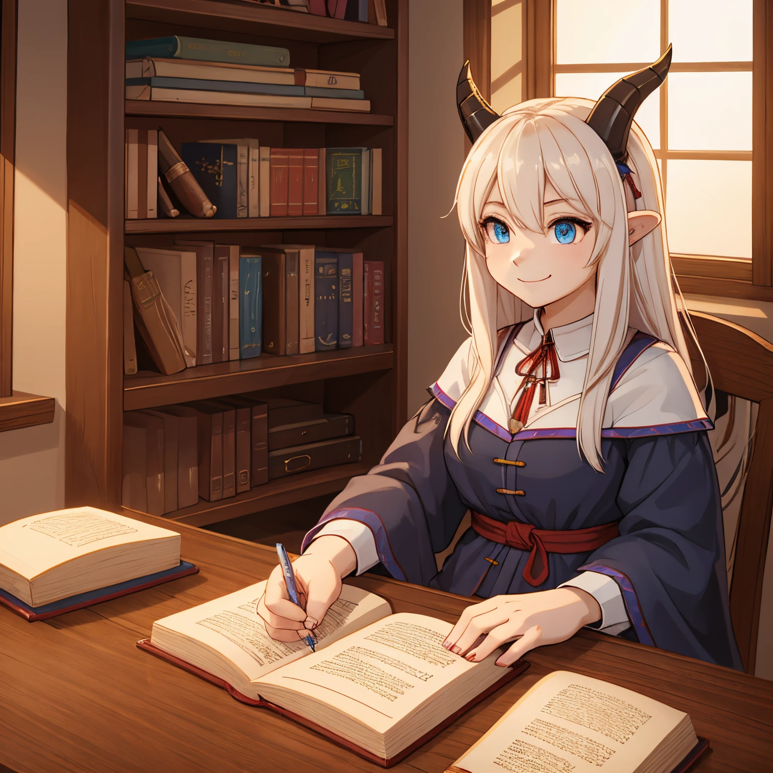 A girl, with white hair, blue eyes and dragon horns, wearing the casual outfit of a medieval student, smiling, sitting having finished studying an old book. In the room, a desk with some books, a bookshelf organized and an open window, looking like a big medieval city.