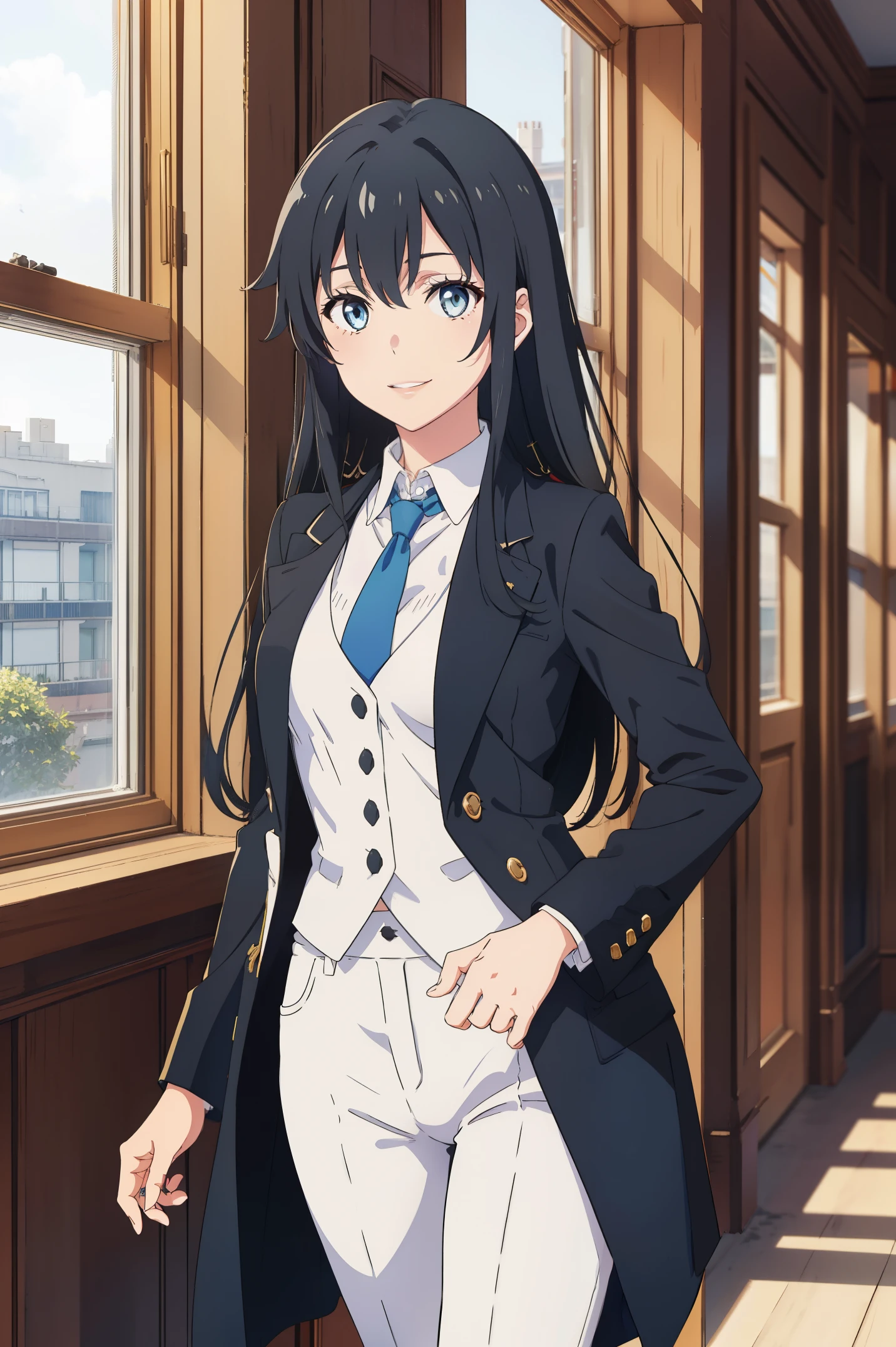 Yukinoshita yukino ,woman in formal attractive tailcoat standing in a large alcove in the room , 1girl, solo, blue necktie, black hair, blue eyes, long hair, smile , collared shirt, white pants, white shirt , black tailored tailcoat elegant , standing in front of a window ,tailcoat tailored to perfection crafted from the lustrous fabri