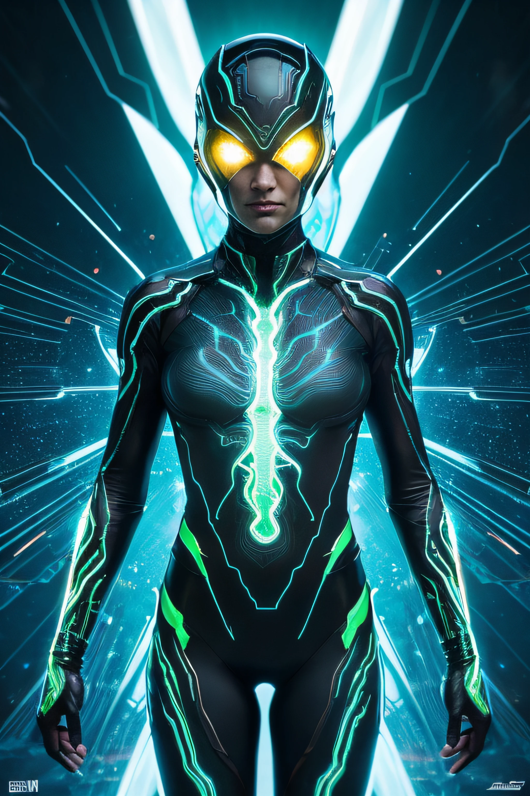 Full body of a style of Android Jones, 32K, extreme realistic, photorealistic, the pose, perfect anatomy, hyperdetailed, glass body, bioluminescence, glowing circulatory system, veins, capillaries, screaming, realistic green eyes, star-shaped pupils, flash box, abstract photography, style of Alex Grey