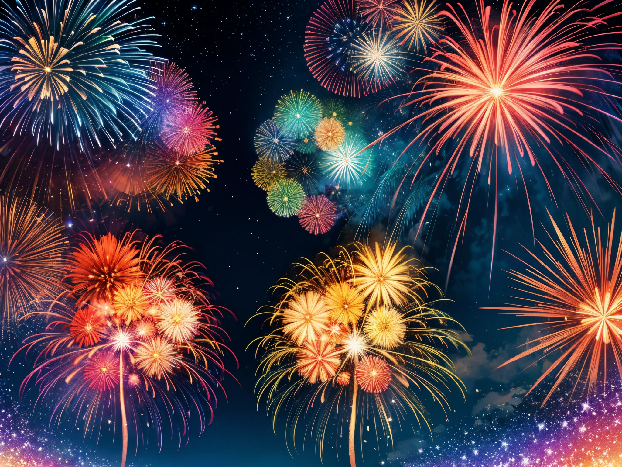 Picture a grand 4th of July celebration where fireworks explode in the night sky, intertwining with fractal patterns, creating a mesmerizing display of patriotic colors and abstract shapes.