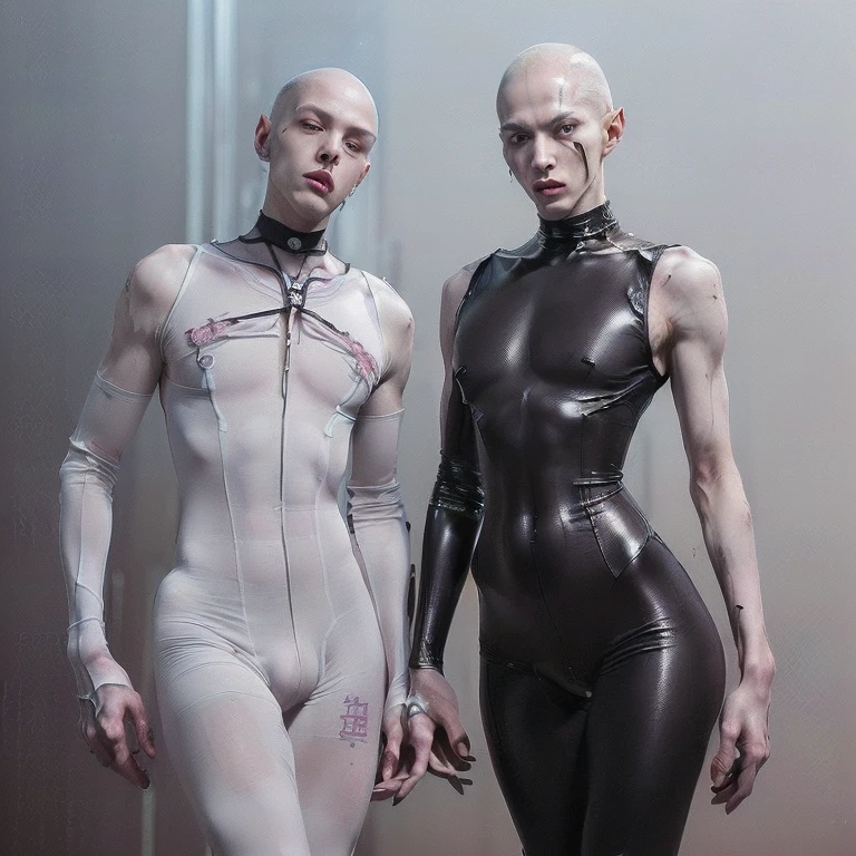 (masterpiece, best quality, 4k, dreamlike, hyperrealistic:1.35), (Doctor Scelos is albino tall lean androgynous male perverted genius nerdy geeky technomage queer transhumanist depraved homosexual misogynist kinky sadistic villain with weak stomach beautiful eyes thin face flat chest frail shoulders lithe waist male crotch bulge black sleek skintight bodysuit:1.65)