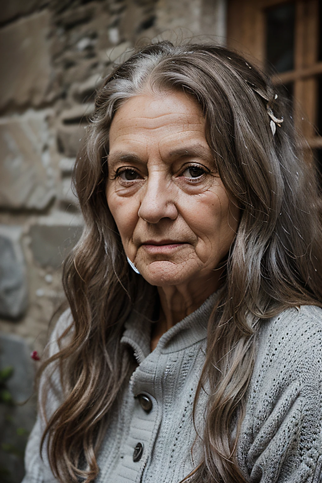 vieille femme blanche, Elderly person, long curly hair, cheveux gris, wrinkled skin, portrait, alpinisme, montagne