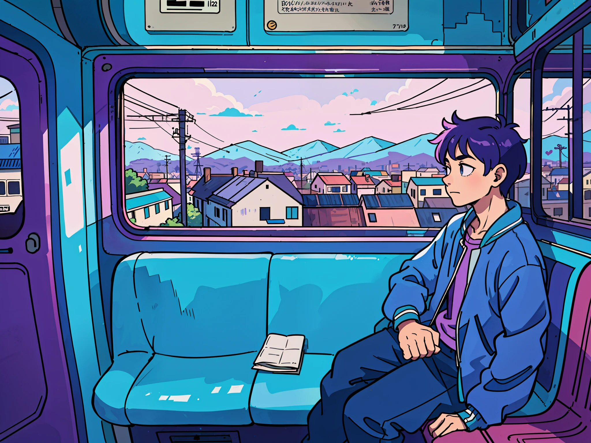 a boy is sitting on a train bench and looking out a window at the landscape passing by, Elogio Artstyle, Arte Lofi, lofi aesthetic, Lofi Sensation, Hip Hop Lofi, menina , Retrato Lofi, lo fi, arte lo-fi, vibe, badass vibes , cores , purple and blue, synthwave colors