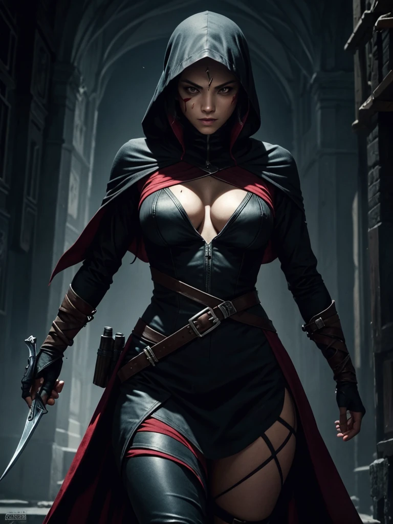 (top Quality))), 42 Years Old Beautiful woman, (( Ernormous cleavage: 1.8)，《The ultra-realistice》，《32K high-definition》：1.2)，full Body, detailing body, Inside Valhalla，assassins creed，The red and black cloak covers the head，Expose your eyes，Black eyes，"Eyes glowing red"，Full face Metal mask，With a Arrow on her Hand，Cross your arms over your enormous chest，