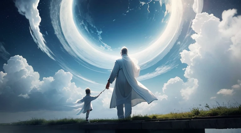(a peaceful,tranquil,breathtaking,serene:1.1)white-dressed (ghostly,ethereal) father figure and (a 12-year-old, pre-teen) boy (son) (together,in unity, hand in hand) in the sky