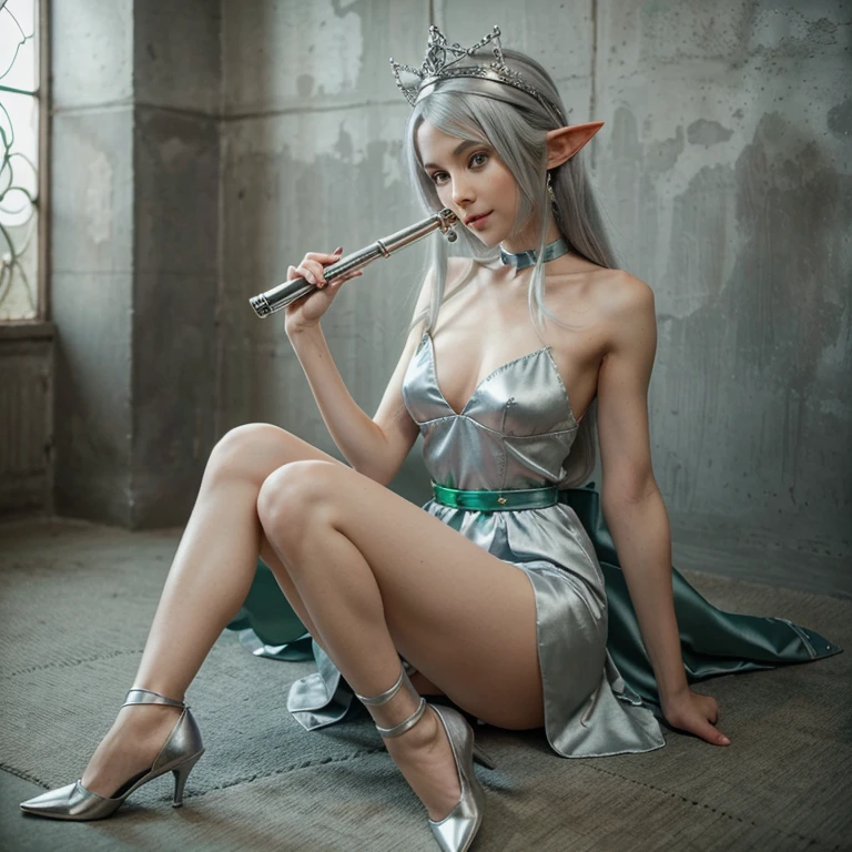 Skinny female elf and a fox at her feet her eyes are I blue silver and hair is kind silky silver with a green ribbon in it with a knee length royal style dress that is body fitting She is also wearing a silver crown on her head she is also holding a flute