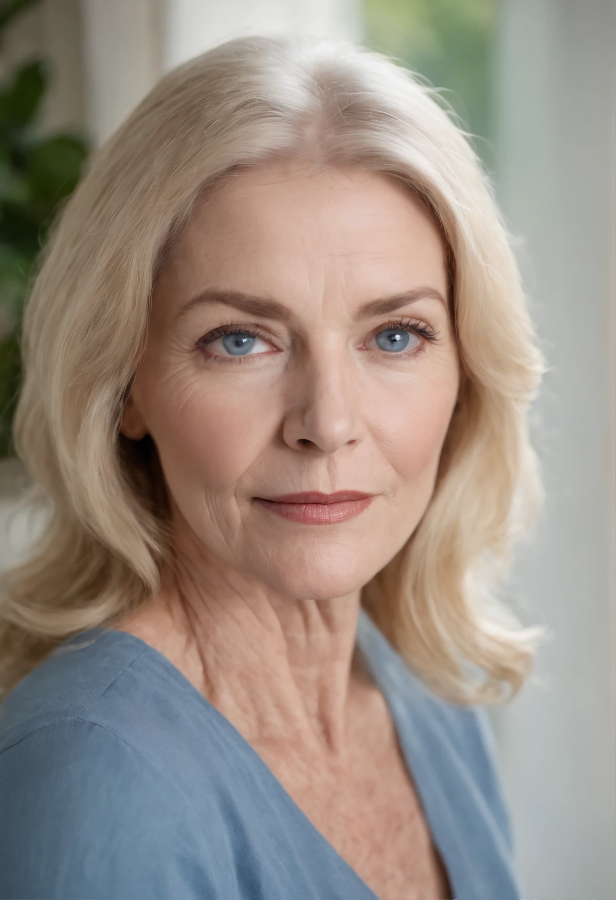 Medium length photo of beautiful 55 year old , medium length blonde hair,  blue eyes, detailed eyes, realistic skin with pores and blemishes pale skin, looking confident, casual,blue t-shirt, jeans, wrinkled freckled cleavage, signs of aging Katherine Hepburn lookalike