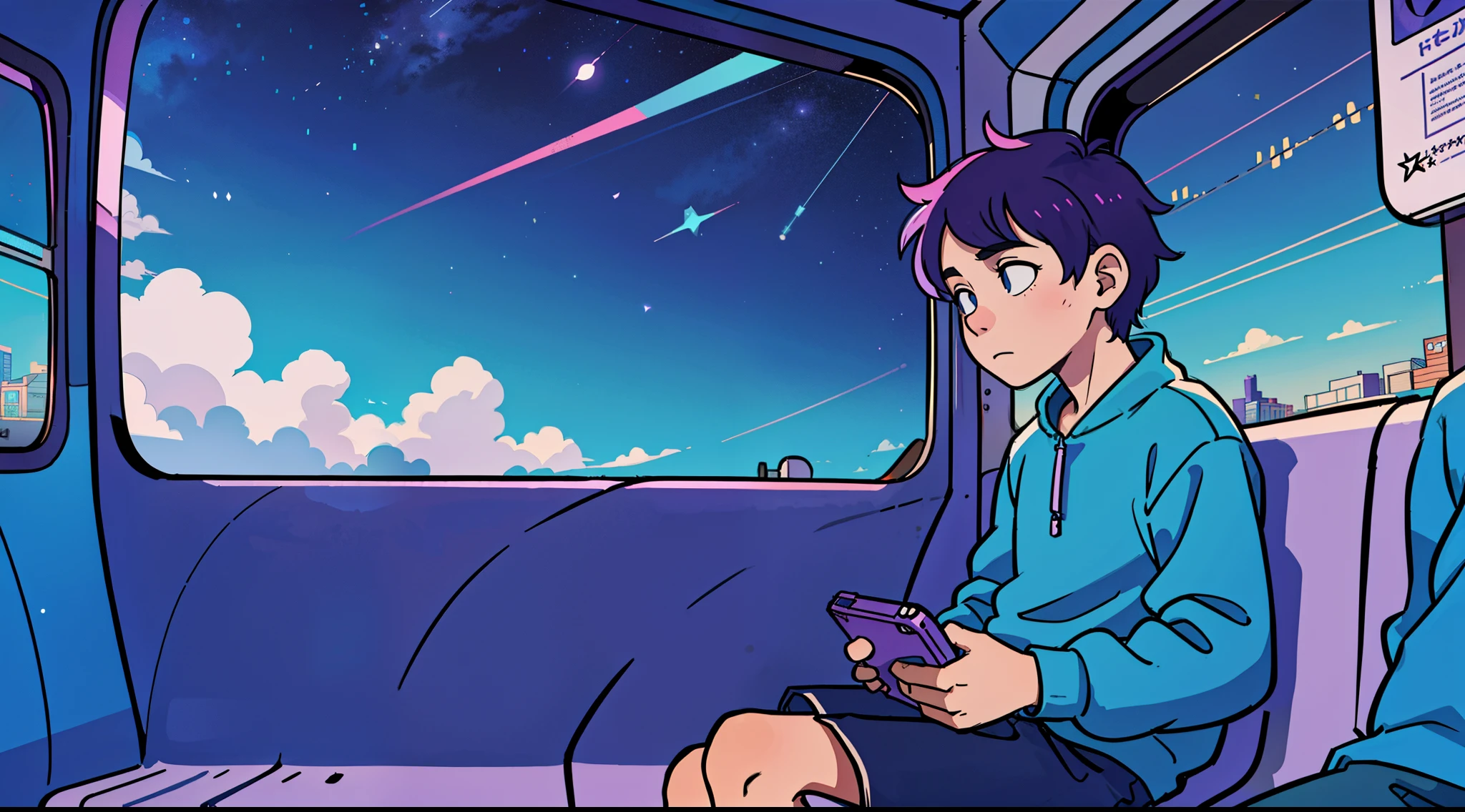 a boy, solo, alone, is sitting on a train bench and looking out a window at the landscape passing by, Elogio Artstyle, Arte Lofi, lofi aesthetic, Lofi Sensation, Hip Hop Lofi,  , Retrato Lofi, lo fi, arte lo-fi, vibe, badass vibes , cores , purple and blue, synthwave colors, night, starry skies,