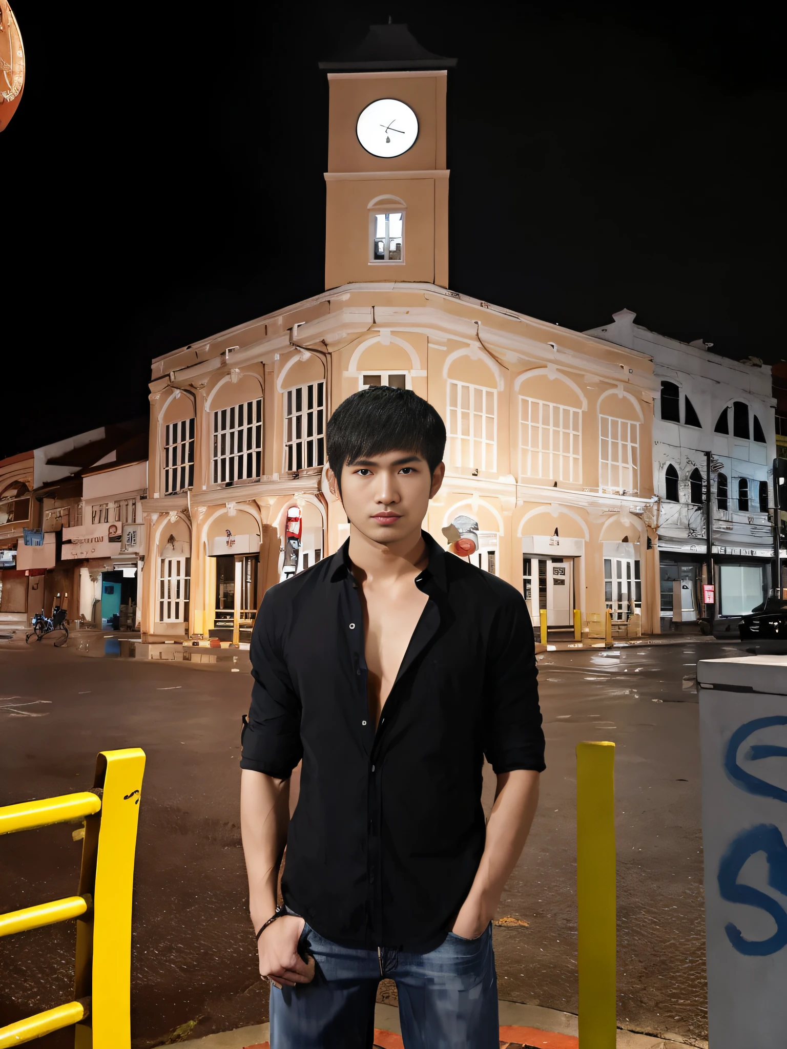 there is a man standing in front of a clock tower, handsome man, standing in a city center, in city street, street pic, male model, in town, inspired by Oliver Sin, beautiful man, serious composure, during night, inspired by Ikuo Hirayama, in a city square, handsome chad chin, posing in an  street