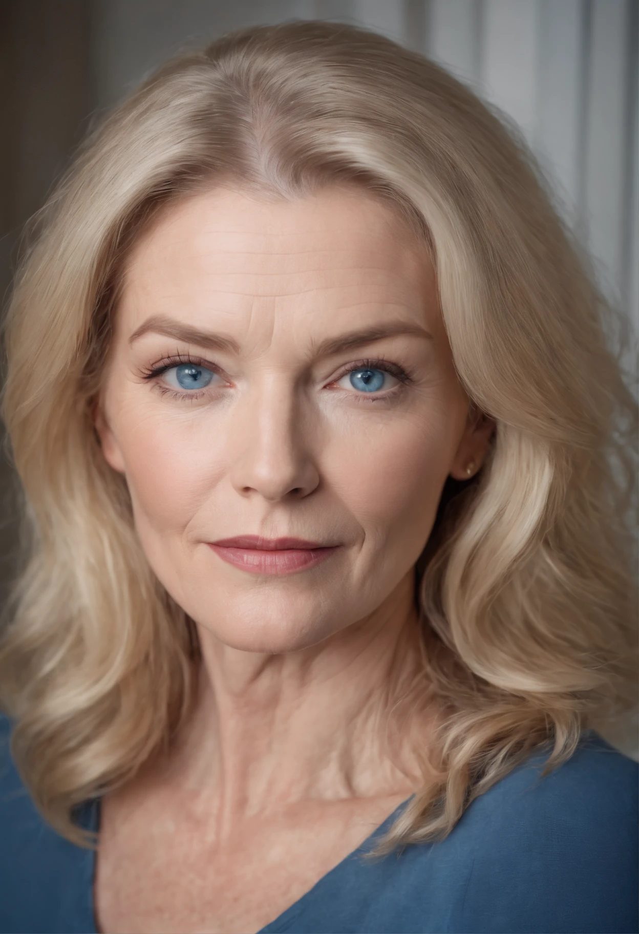 photo of beautiful 45 year old , medium length blonde hair,  blue eyes, detailed eyes, pale skin, looking confident, casual,blue t-shirt, jeans, cleavage, signs of aging Katherine Hepburn lookalike