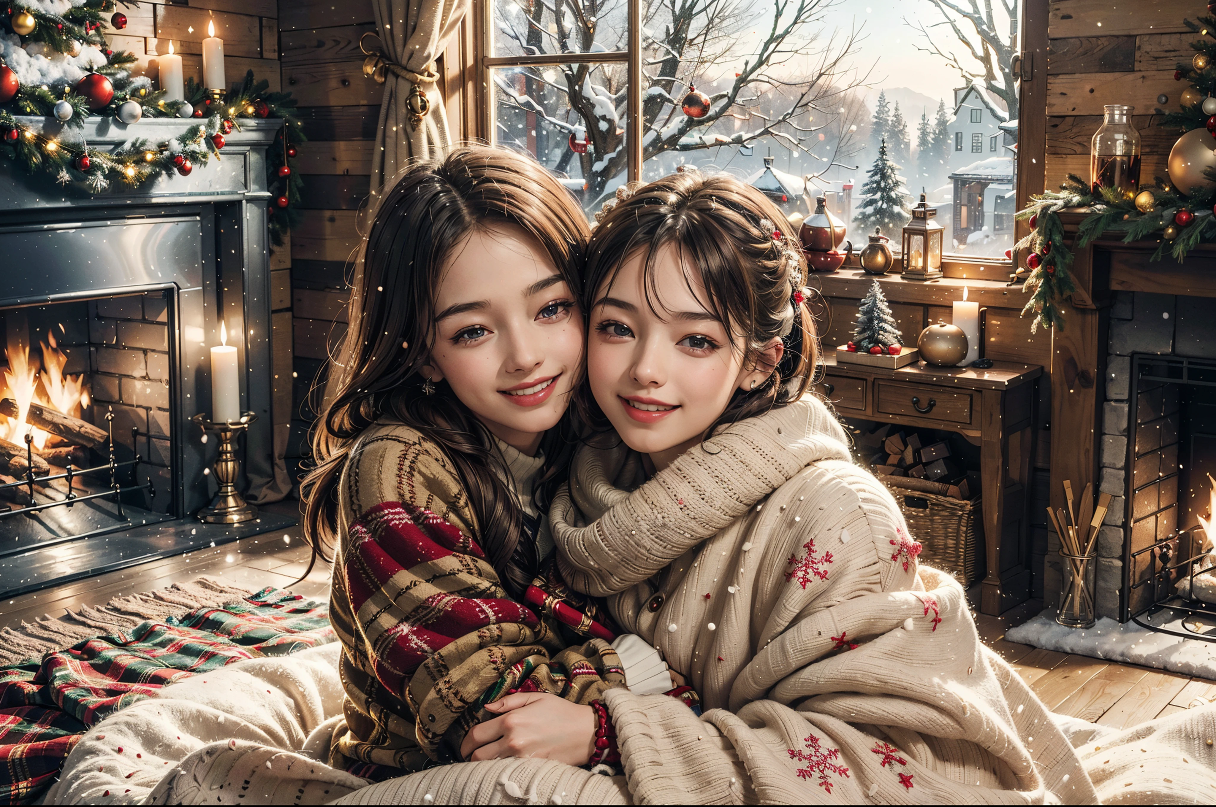 (best quality,4k,8k,highres,masterpiece:1.2), ultra-detailed, realistic, 8k, girls, siblings, smile, Christmas memories, family, love, Christmas, celebrate, holiday, hug