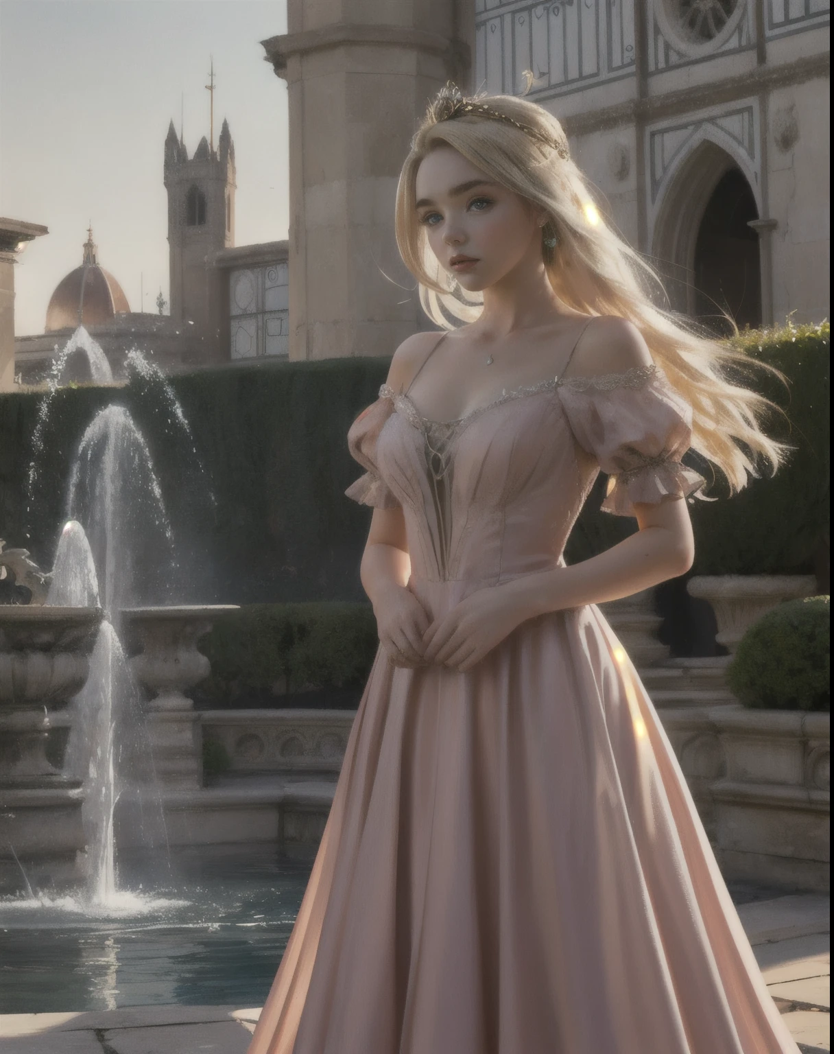 Fantasy, Palace Gardens, Fountains, German appearance, rapunzel, Girl 23 years old, with long golden hair, in a light pink 16th century princess dress., Green eyes, expressive breasts, face looks like Florence Pugh. HD