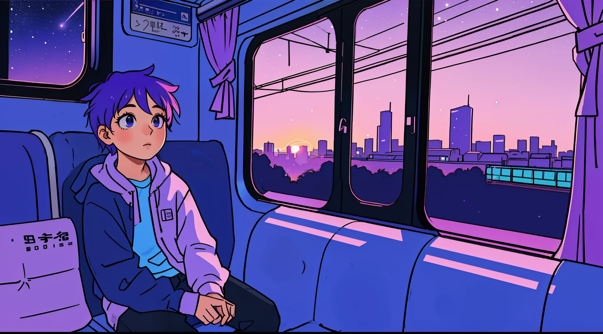 a boy is sitting on a train bench and looking out a window at the landscape passing by, at sunset, stars, starry sky, Elogio Artstyle, Arte Lofi, lofi aesthetic, Lofi Sensation, Hip Hop Lofi, , Retrato Lofi, lo fi, arte lo-fi, vibe, badass vibes , cores , purple and blue, synthwave colors