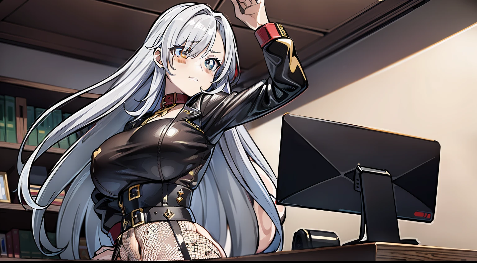 (masterpiece), best quality, expressive eyes, perfect face, Golden eyes, long curly red silver hair, hair over one eye, mischievous, thicc thighs, gigantic breasts, fishnet stockings, suspenders, cheerleader style black skirt, bandage wrap top, leather jacket, hand on hips, gaming room, solo,