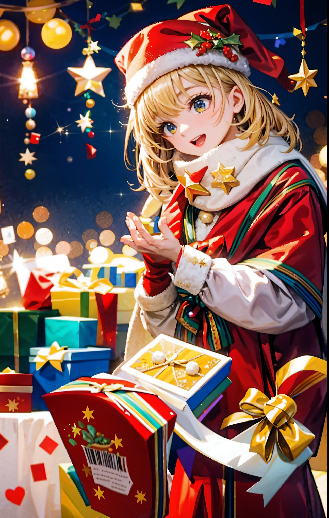 (best quality,4k,8k,highres,masterpiece:1.2),ultra-detailed,realistic,gifts,table,Christmas tree,decorations,wrapping ,bows,ribbon,presents,holiday spirit,vibrant colors,warm lighting,cozy atmosphere,toys,cards,candles,snowflakes,joyful,celebration,exquisite details,exciting surprises,shiny ornaments,sparkling tinsel,beautifully wrapped,excited children,anticipation,festive mood,magical ambiance,delightful moment,wonderful memories,family gathering,cheerful faces,Christmas magic,extravagant,abundance of presents,HDR,UHD,studio lighting,ultra-fine painting,sharp focus,physically-based rendering,professional,vivid colors,bokeh.