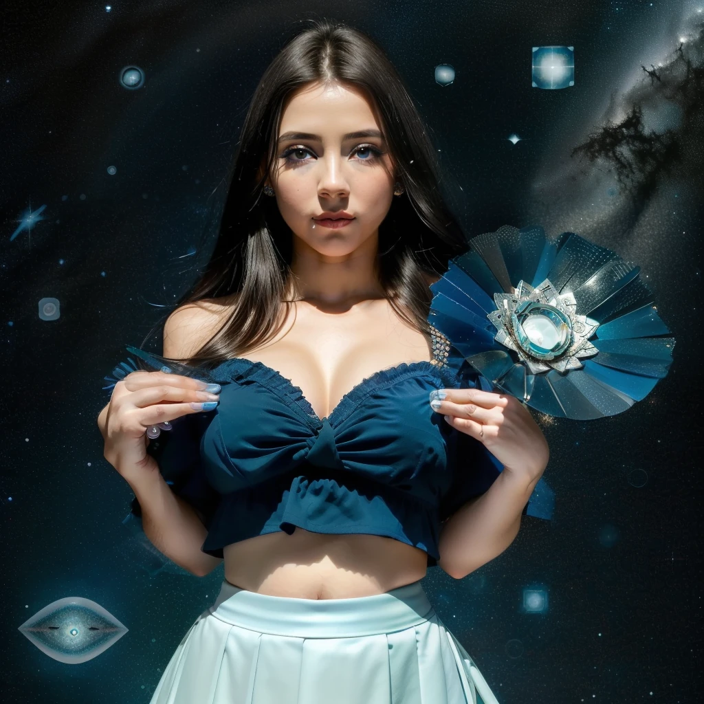 (best quality, master part),(1girl, Casaco,expression face, olhos azuis, Olhando para o Viewer, cabelos pretos, boca fechada, Camisa Vestida, black skirt, hand on the viewer), (menos luz azul, Folding many pieces of blue glass behind, objetos flutuantes, night sky)