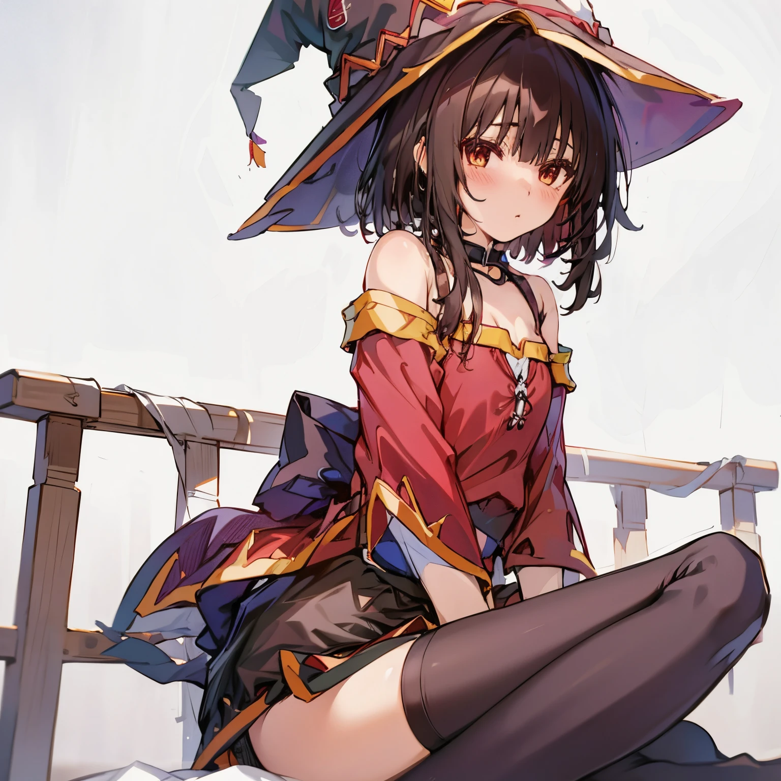 1 girl,​masterpiece,small tits,Short hair,(top-quality),Perfect Anatomy,sitting on,(Megumin),Big witch's hat,(high details),underwear,nsfw