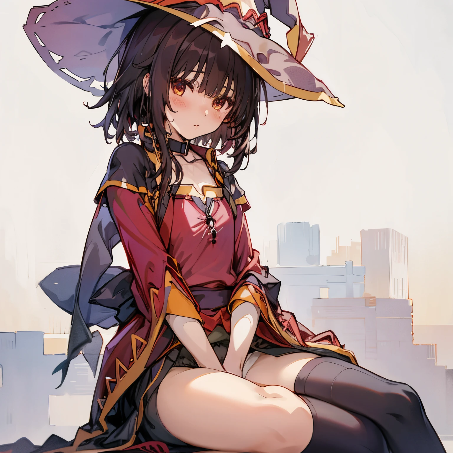 1 girl,​masterpiece,small tits,Short hair,(top-quality),Perfect Anatomy,sitting on,(Megumin),Big witch's hat,(high details),underwear,nsfw