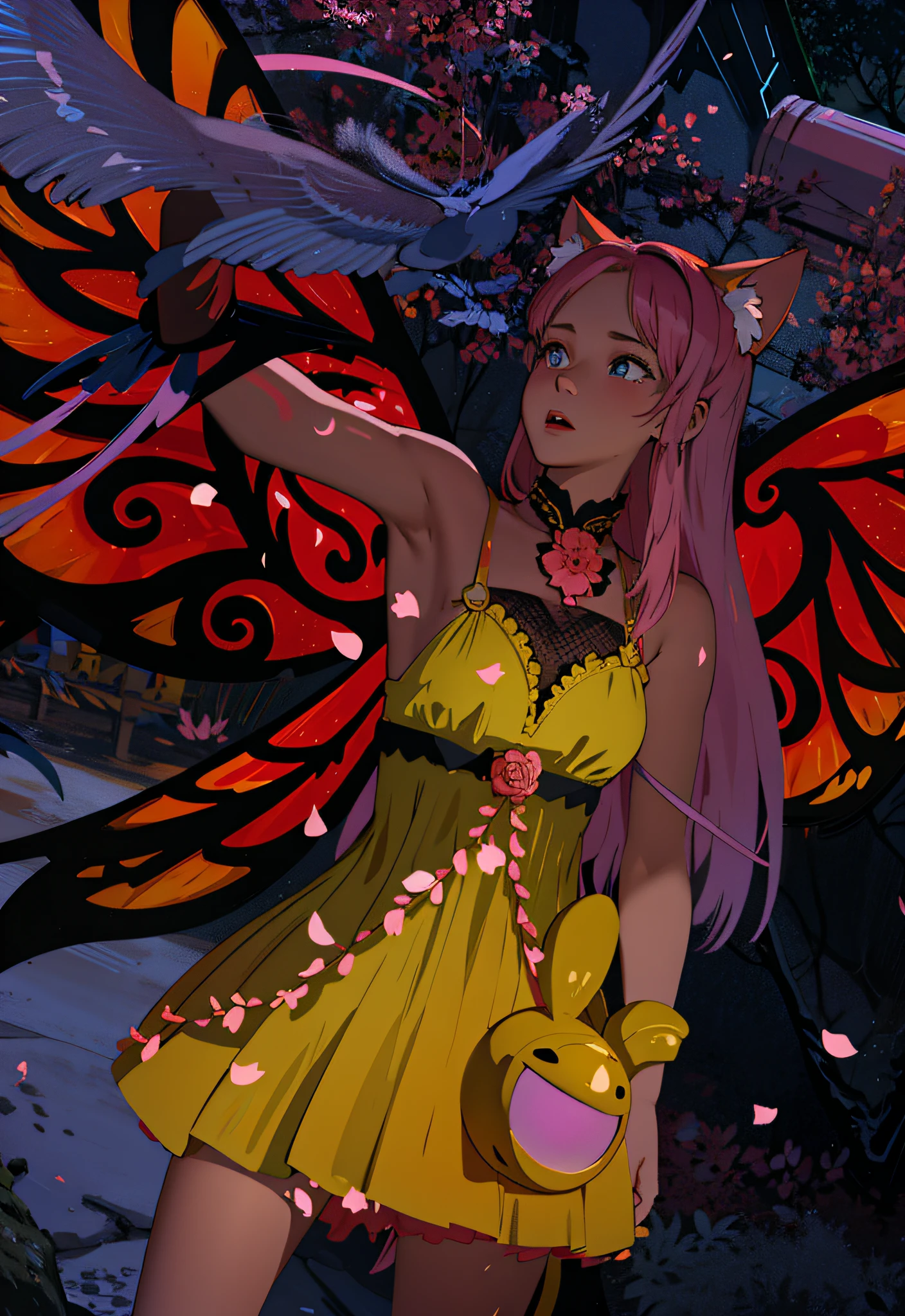 young cute girl, long pink hair, cat ears, short frill yellow dress, black and orange butterfly wings, sakura petals, glowing blue eyes, blue bird flapping, left arm folded in front of chest
