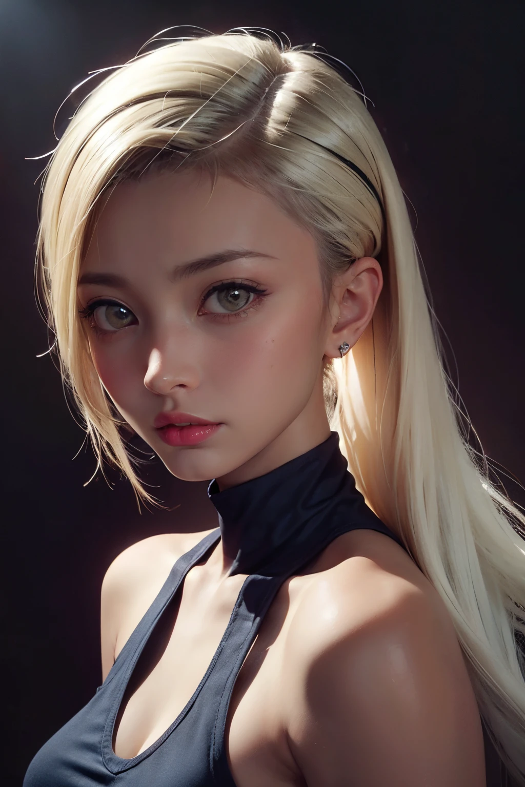 a 20 yo woman, blonde, (hi-top fade:1.3), dark theme, soothing tones, muted colors, high contrast, (natural skin texture, hyperrealism, soft light, sharp)