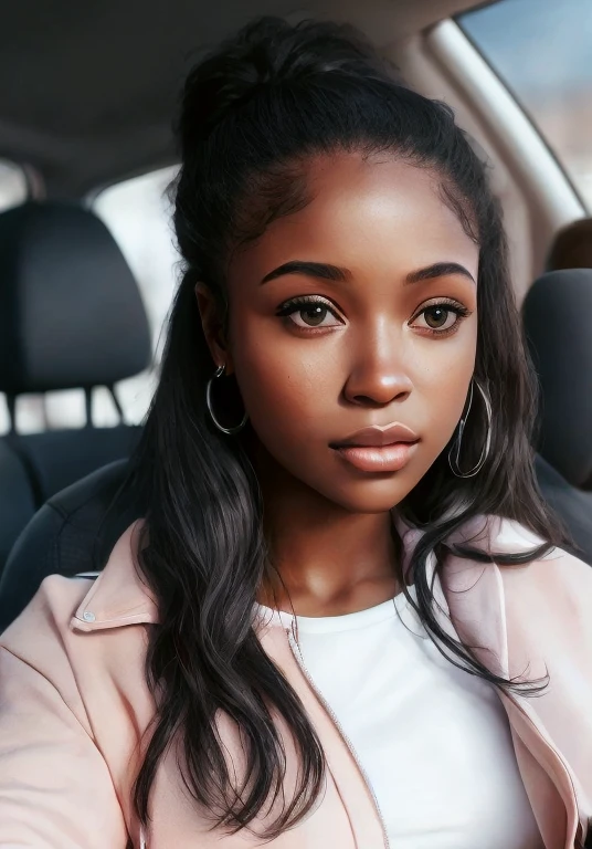 there is a woman sitting in a car with a cell phone, profile image, profile picture, taken in the early 2020s, headshot profile picture, frontal picture, photo of a black woman, 1 / 2 headshot, young black woman, selfie of a young woman, with brown skin, looking this way, black young woman, dark skinned