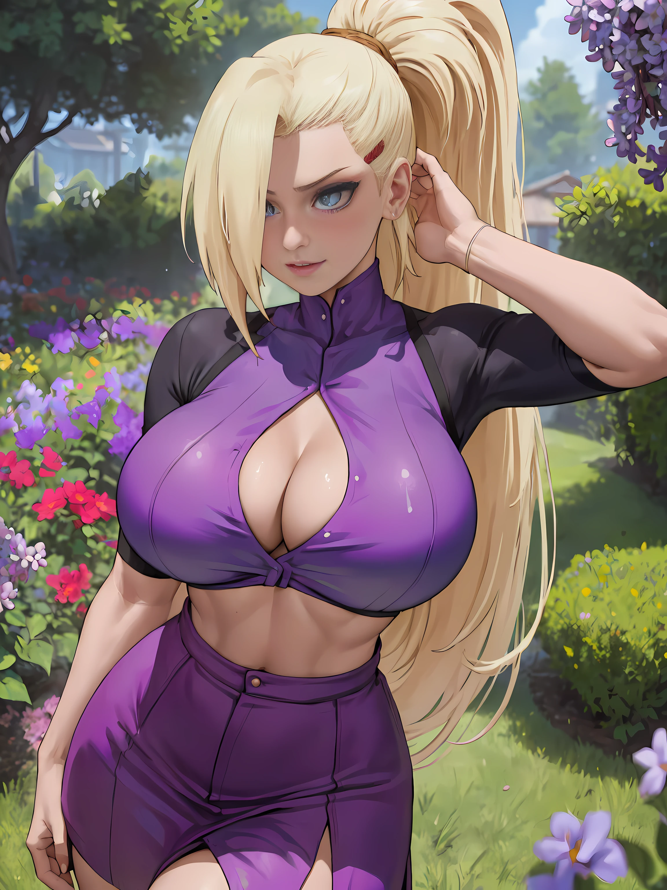 big, soft breasts ((Ino Yamanaka)), (((her long blonde hair, high ponytail))), double eyelids, Detailed light blue eyes, Hyper-Detailed Eyes, light effect on eyes, detailed iris, has extremely sexy, with incredible breasts and perfect waist, and extremely , ((cool lilac crop top, cool red high waist skirt, delineated abdomen, beautiful make up, cleavage)), ((Masterpiece, hyper realistic, hyper detailed, Best Quality, 16k, The effect of light and shadow on the skin, Vivid colors)), eye liner, passionate expression, Perfect lips, a perfect face, shy smile, ((skin with light and shadow), beautiful seductive, impassioned, Embarrassed, ((Ino Yamanaka )), flirting with the viewer, variable pose, seductive gaze, In the Flower Garden, Erotica, wet skin, Huge-breasts