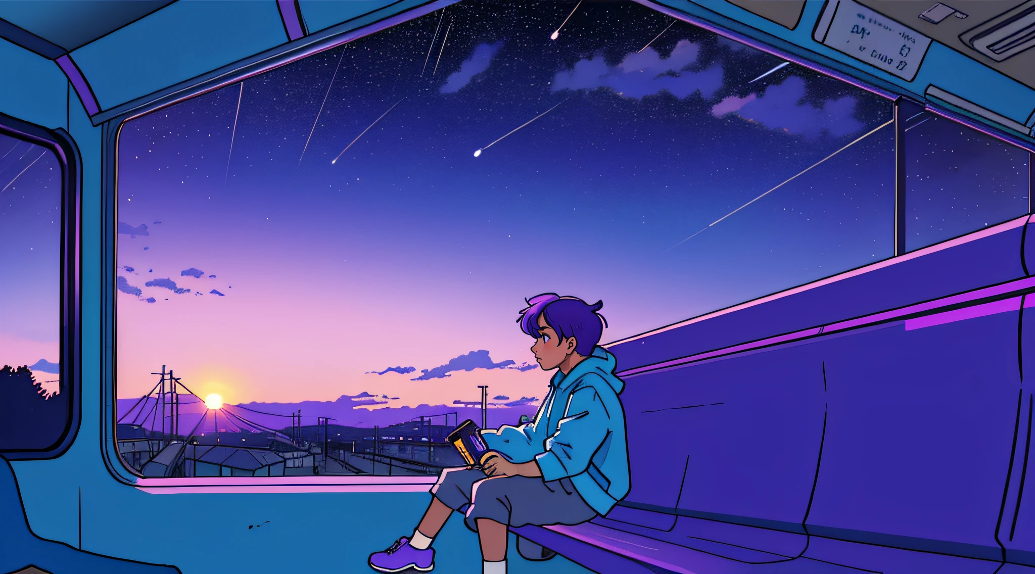 a boy is sitting on a train bench and looking out a window at the landscape passing by, at sunset, stars, starry sky, Elogio Artstyle, Arte Lofi, lofi aesthetic, Lofi Sensation, Hip Hop Lofi,  , Retrato Lofi, lo fi, arte lo-fi, vibe, badass vibes , cores , purple and blue, synthwave colors