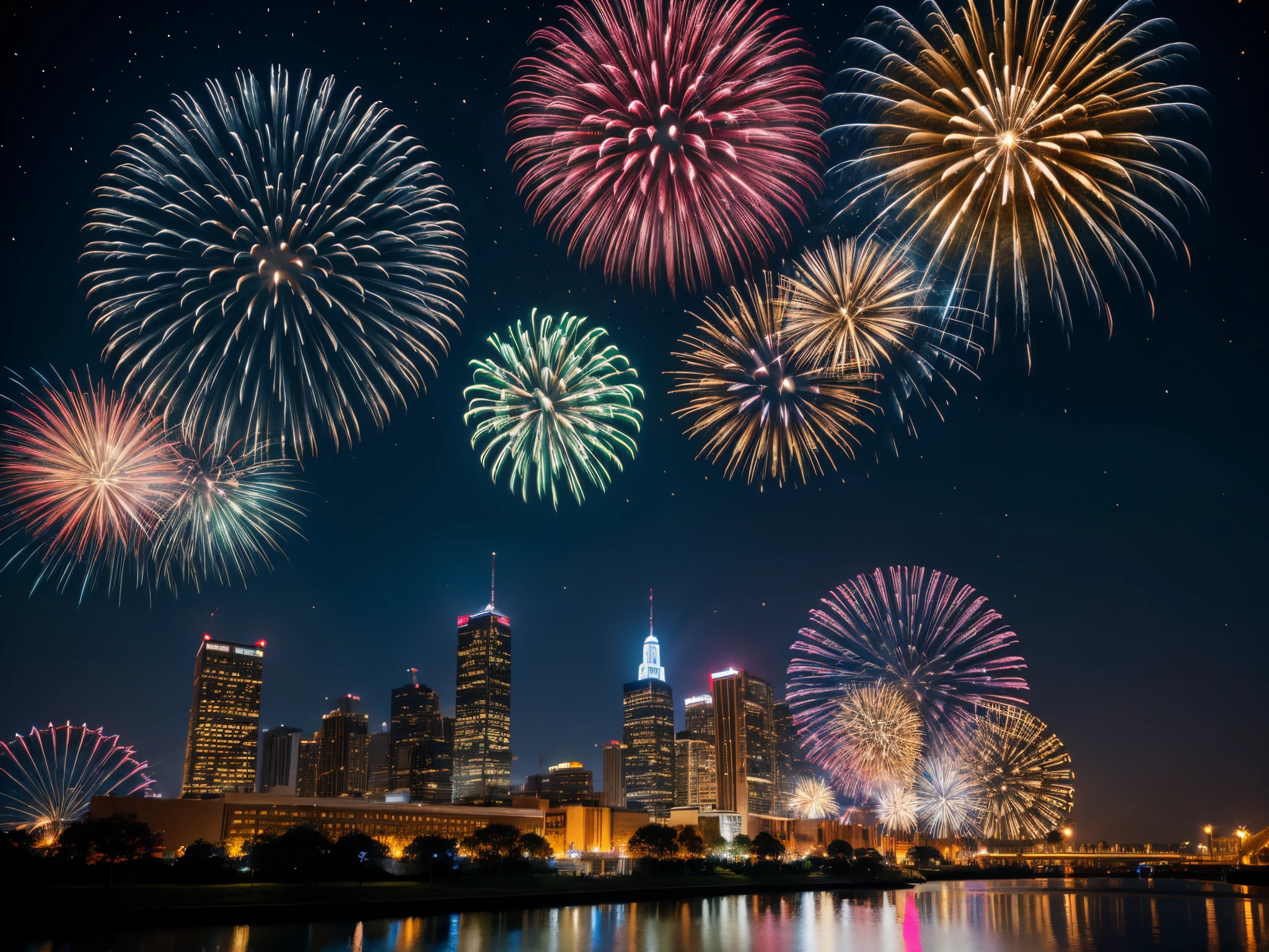 Picture a grand 4th of July celebration where fireworks explode in the night sky, intertwining with fractal patterns, creating a mesmerizing display of patriotic colors and abstract shapes. enormous tits, (full body:1.5)
