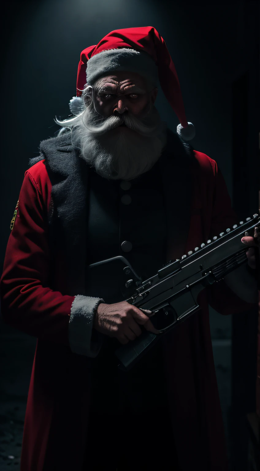 evil Santa Claus, firearms, guns, homemade flamethrower, portraits, dark color tones, dramatic lighting, best quality, ultra-detailed, horror, vivid colors, red eyes, menacing look, evil, eerie, killer, creepy and frightening look, uncanny.