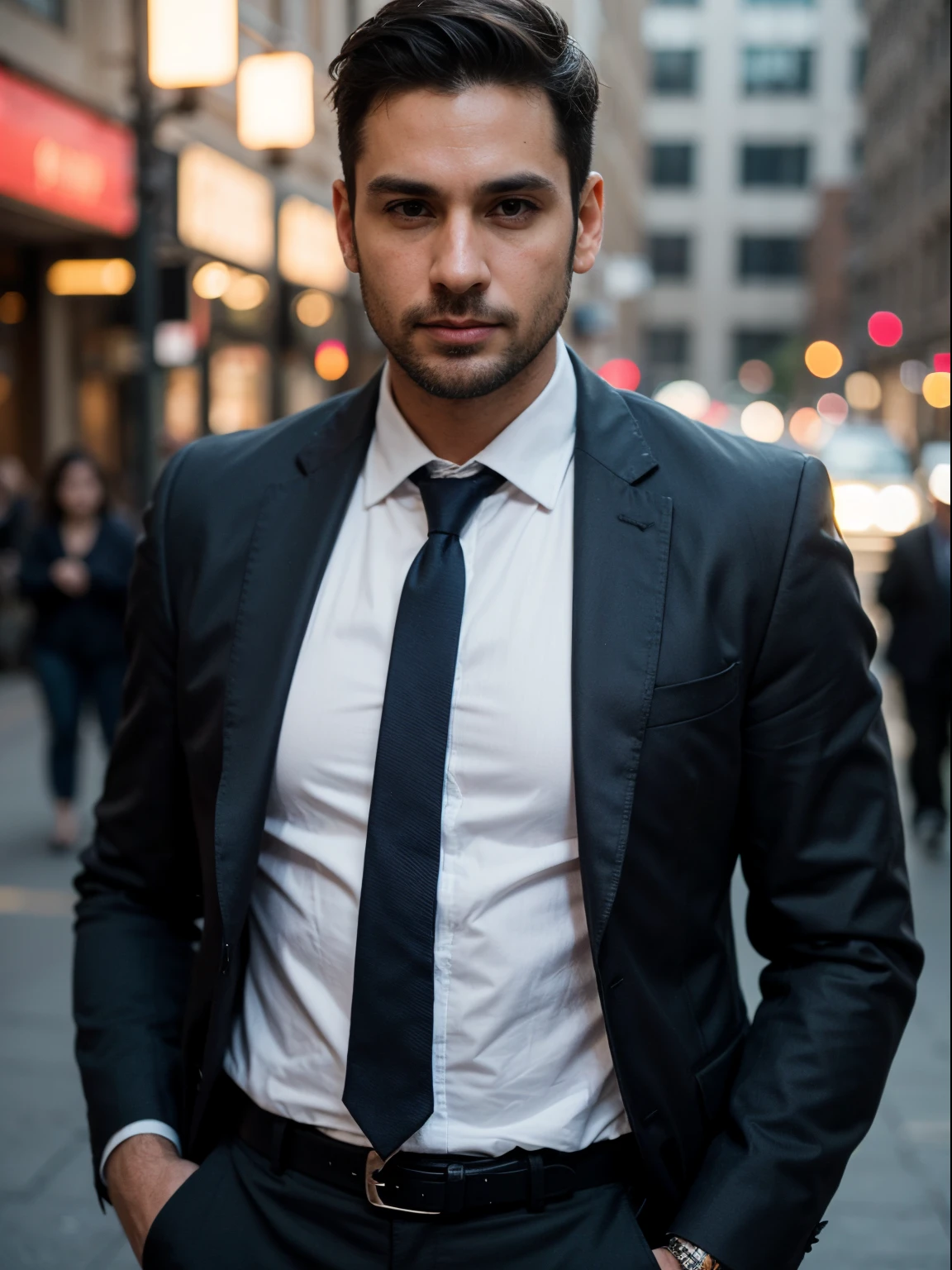 one male, 36 years old, in business suit, dark blue jacket, white shirt with unbuttoned collar, dark blue pants, brown leather belt, short black hair: :2, short business hairstyle: :2, brown eyes, thick black eyebrows, hooked nose, wide cheekbones, wide jaw, strong-willed chin, plump lips,: :2 Bokeh:: Cinematic::2 Filmic::2 Photoshoot::2 35mm:: Nikon D750::2 F/22, chroma, complementary colors, light, low contrast, two-dimensional, 2D::: 16k::2 HDR, happy:::strong::2, best quality, high resolution, masterpiece:1. 2, super detailed