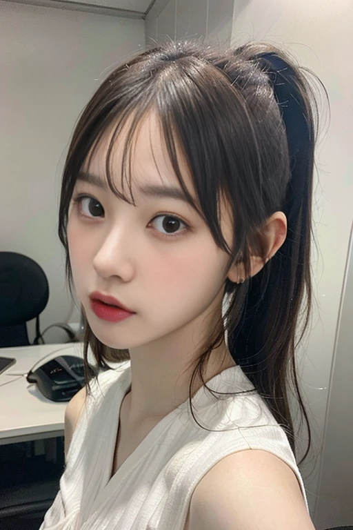 8K, Best Quality, Masterpiece, Ultra High Definition, (Photorealistic: 1.4), Raw Photography, Realistic Skin Texture, (Film Grain: 1.3), 1girl, Beautiful Detailed Eyes and Face, Masterpiece, Best Quality, Japan Idol, Fair Skin, Natural Blurred Background, Close Up, Selfie, Big, Front Photo, Ponytail Hairstyle, Tongue Out, Office Lady, Side Angle