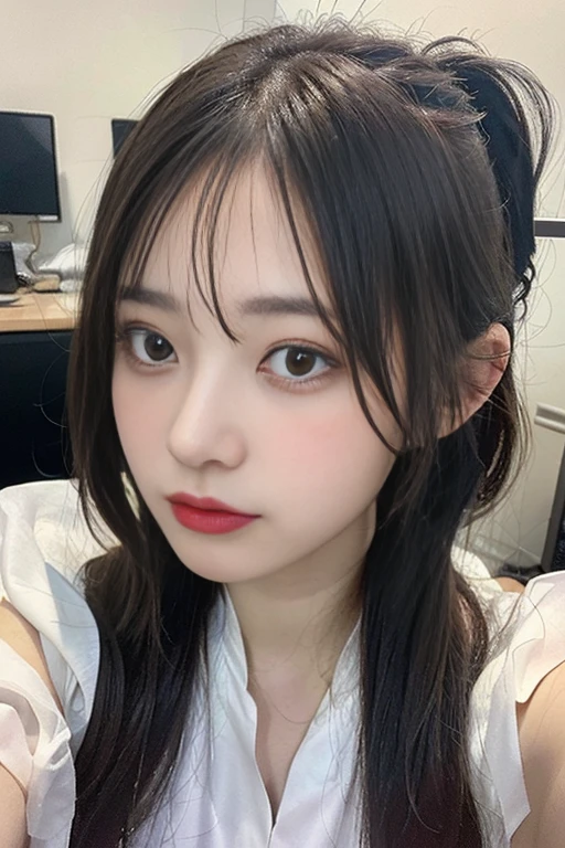 8K, Best Quality, Masterpiece, Ultra High Definition, (Photorealistic: 1.4), Raw Photography, Realistic Skin Texture, (Film Grain: 1.3), 1girl, Beautiful Detailed Eyes and Face, Masterpiece, Best Quality, Japan Idol, Fair Skin, Natural Blurred Background, Close Up, Selfie, Big, Front Photo, Ponytail Hairstyle, Tongue Out, Office Lady, Side Angle