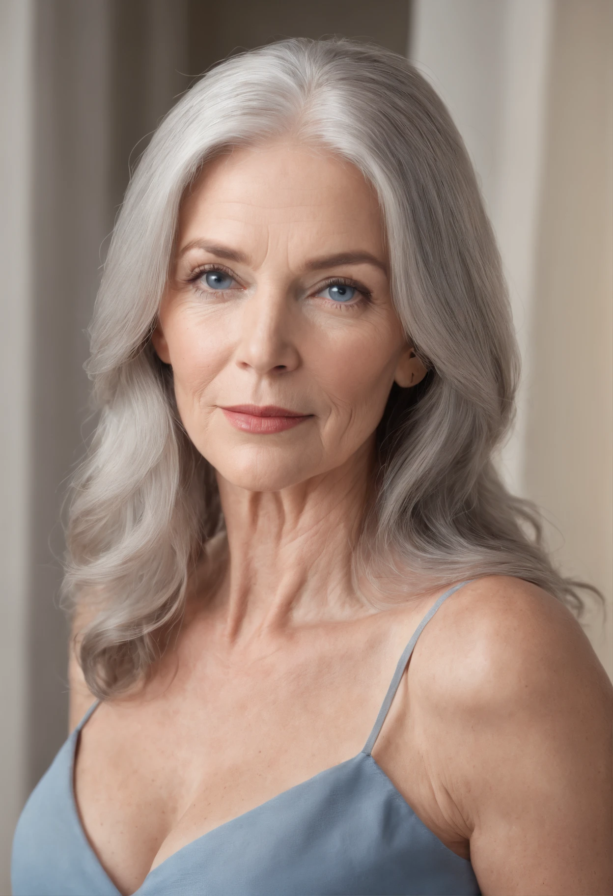 3/4 length photo of beautiful 55 year old , long length gray hair,  blue eyes, detailed eyes, large breasts realistic skin with pores and blemishes pale skin, looking confident, casual,gray v-neck t-shirt, jeans, wrinkled freckled cleavage, signs of aging Katherine Hepburn lookalike, loft apartment setting with dramatic light