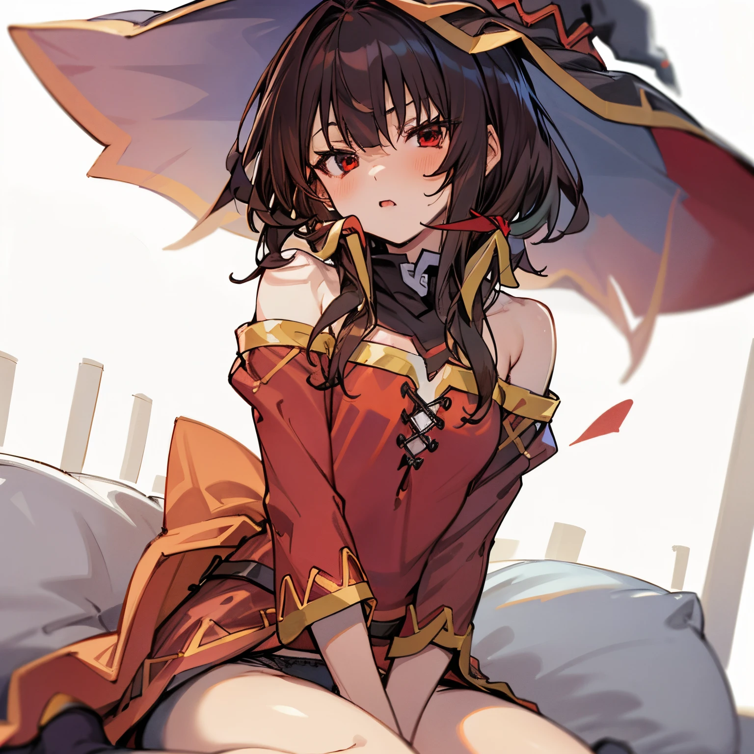 megumin,1 girl,Lori,small tits,red eyes,long sidelocks,brown hair,Short hair,witch's hat,sitting on,BREAK (masterpiecebest quality,Perfect Anatomy,perfect hands,perject limb,high details),underwear