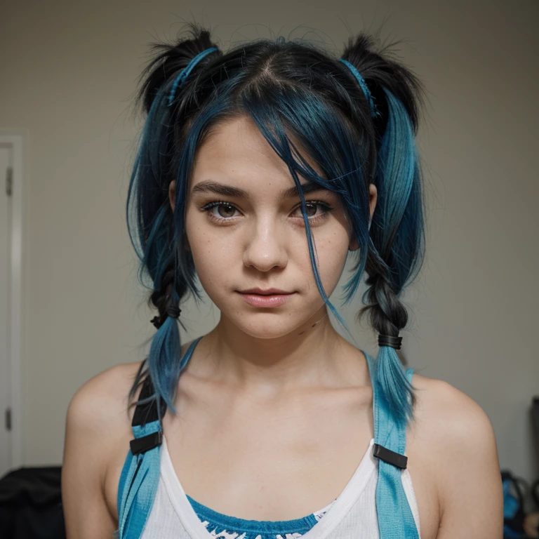 Teenage girl that is tired with blue hair into two side pigtails with black clips on each side of her hair